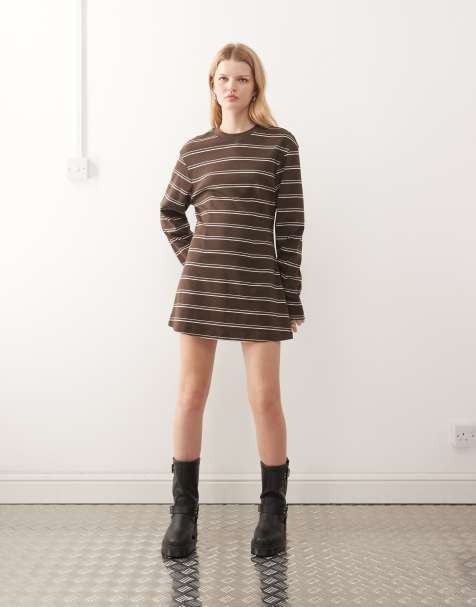 Vestido corto marrón de manga larga con cintura entallada de Monki - view 1