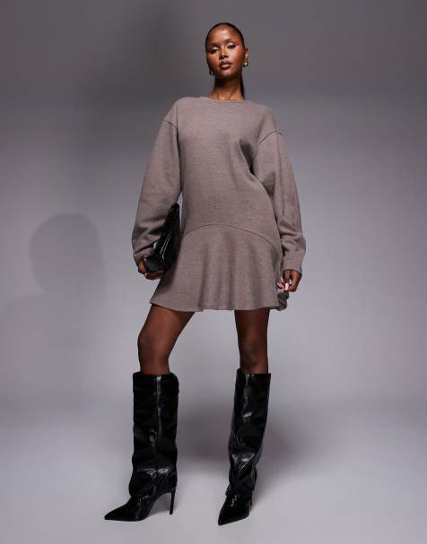 Vestido corto marrón de manga larga con sobrefalda y mangas cocoon de tejido muy suave de ASOS DESIGN - view 1