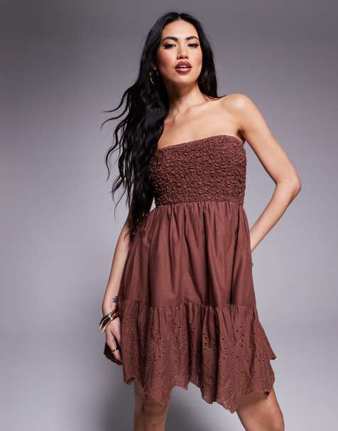 Vestido corto marrón fruncido con escote palabra de honor de River Island - view 1