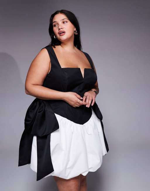 Vestido corto monocromático con lazo y bajo abullonado de ASOS LUXE Curve, 2 de 4