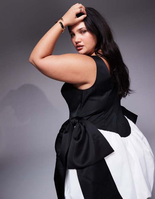 Vestido corto monocromático con lazo y bajo abullonado de ASOS LUXE Curve, 3 de 4