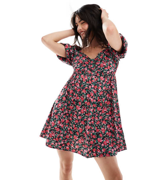 Vestido corto multicolor amplio con estampado floral estilo chintz y mangas abullonadas de Wednesday's Girl - view 1
