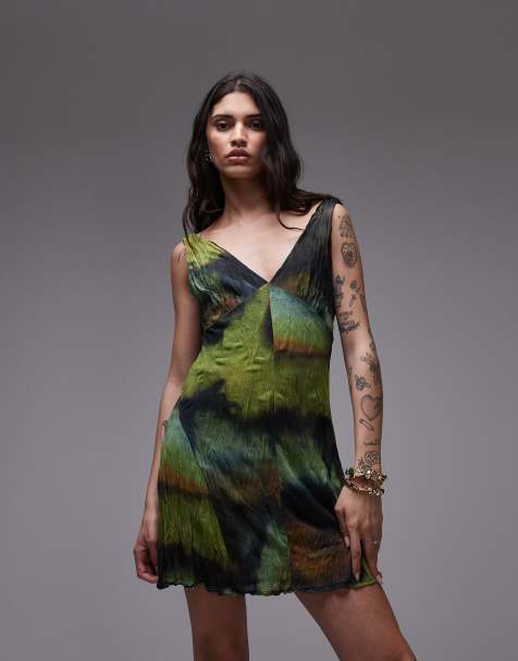 Vestido corto multicolor con vuelo y cuello de pico de malla efecto rugoso de Topshop - view 1