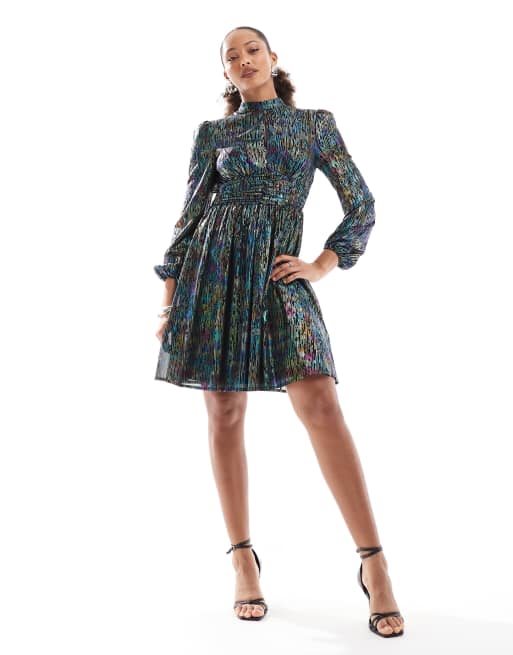 Vestido corto multicolor de manga larga con acabado metalizado de Lovedrobe