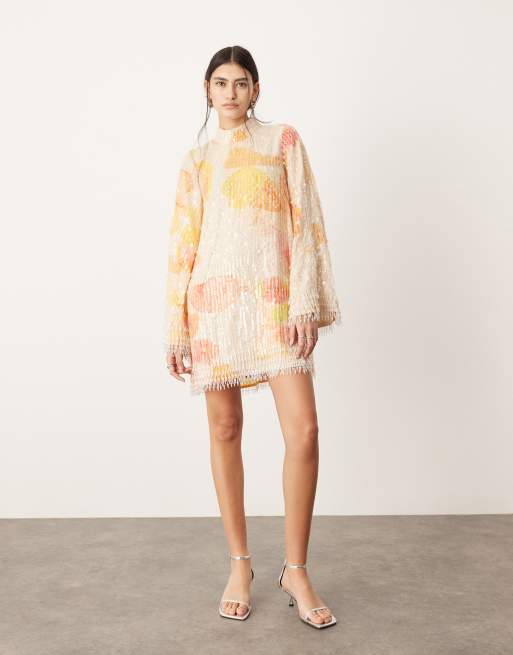 Vestido corto naranja con estampado floral, cuello alto y flecos de lentejuelas de ASOS EDITION