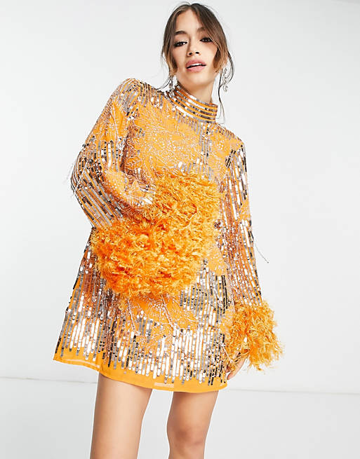 Vestido corto naranja intenso con diseño floral de cuentas y lentejuelas y  puños de plumas sintéticas de ASOS EDITION | ASOS