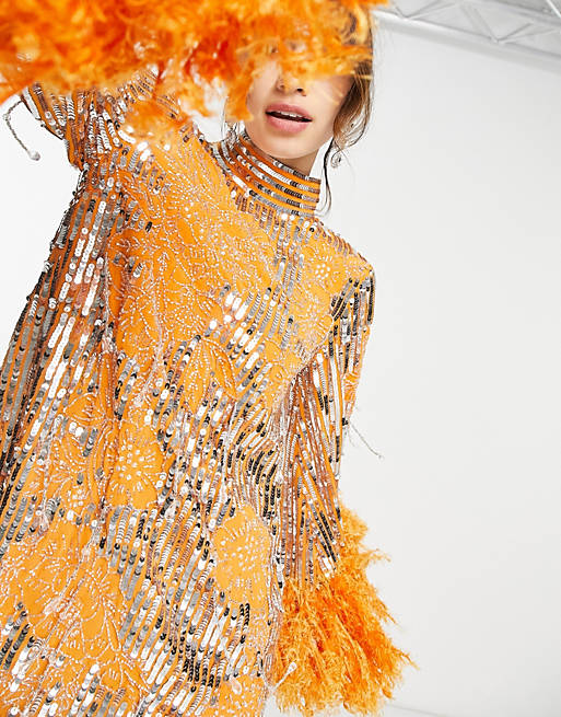 Vestido corto naranja intenso con diseño floral de cuentas y lentejuelas y  puños de plumas sintéticas de ASOS EDITION | ASOS