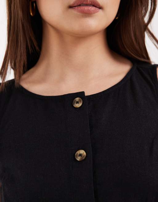 Vestido corto negro abotonado de lino de New Look Petite, 4 de 4