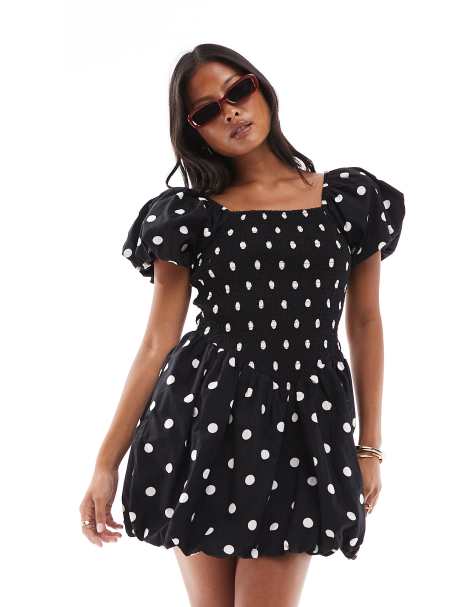 Vestido corto negro abullonado con estampado de lunares de Miss Selfridge Petite - view 1