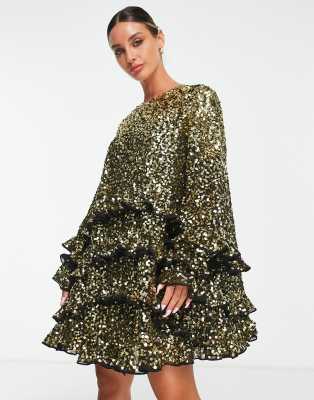 Vestido corto negro amplio con volantes y lentejuelas de ASOS EDITION