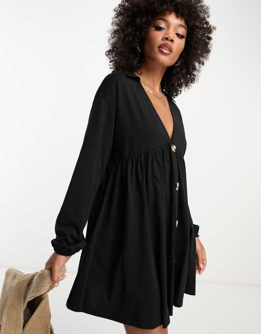 Vestido corto negro amplio de manga larga con botones de ASOS DESIGN 