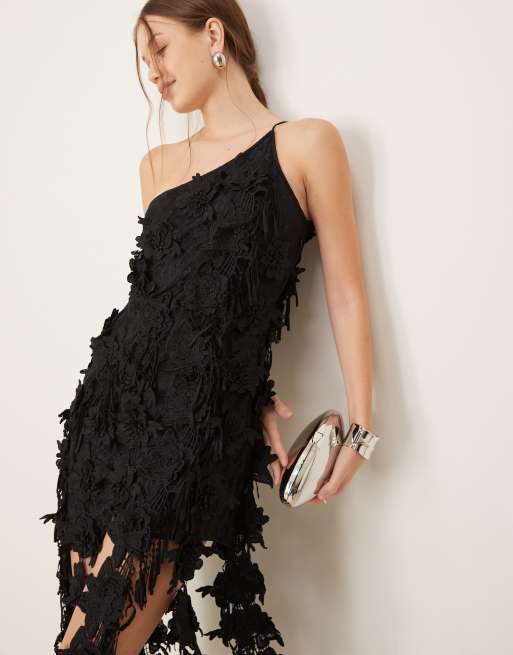 ASOS DESIGN 3D floral embroidered asymmetric mini dress in black