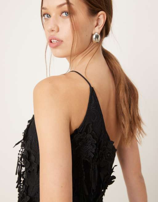 ASOS DESIGN 3D floral embroidered asymmetric mini dress in black
