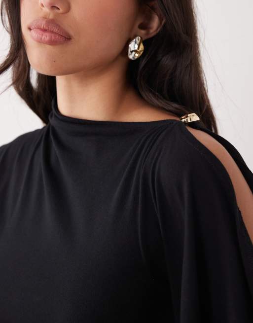 Vestido corto negro con capa asimétrica y detalle de botón efecto fundido de ASOS DESIGN, 4 de 4