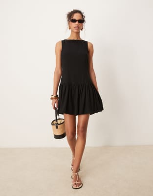 Vestido corto negro con cintura baja de mezcla de lino de ASOS DESIGN - view 1