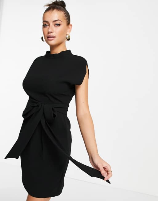 Vestido corto negro con cinturón con lazada de Closet London, 3 de 4