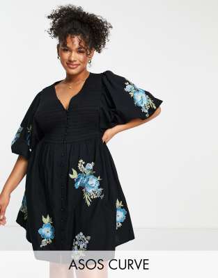 Vestido corto negro con corpiño fruncido y bordados de popelina de algodón de ASOS DESIGN Curve