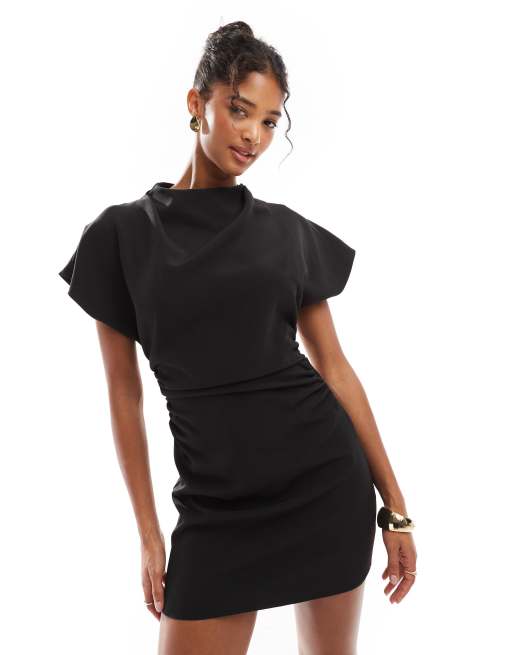 Vestido corto negro con cuello alto, mangas de hombro caído y detalle de abertura en la espalda de ASOS DESIGN