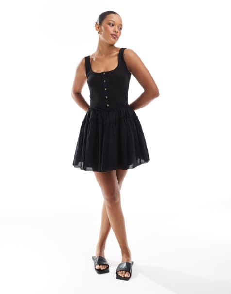 Vestido corto negro con cuello ancho, botones, cuerpo fruncido de canalé y falda de popelina de ASOS DESIGN - view 1