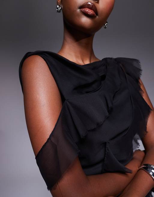 Vestido corto negro con cuello desbocado y volantes sin rematar de ASOS DESIGN, 3 de 4