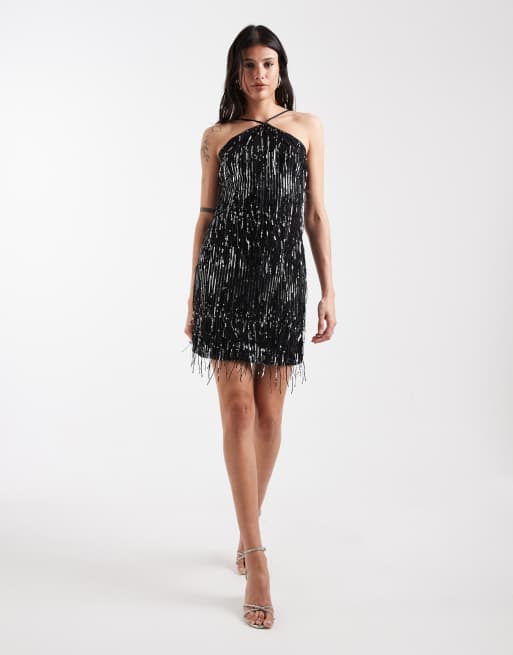 Vestido corto negro con cuello halter de flecos con lentejuelas de ONLY Tall, 2 de 4