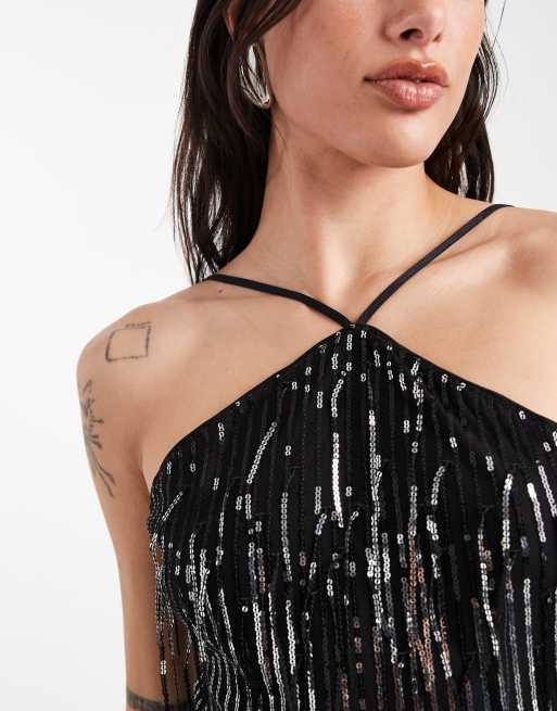 Vestido corto negro con cuello halter de flecos con lentejuelas de ONLY Tall, 3 de 4