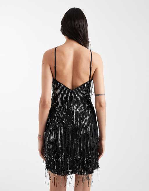 Vestido corto negro con cuello halter de flecos con lentejuelas de ONLY Tall, 4 de 4