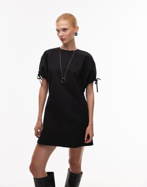 Vestido corto negro con cuello redondo y detalle de lazada en las mangas de ASOS DESIGN - view 1