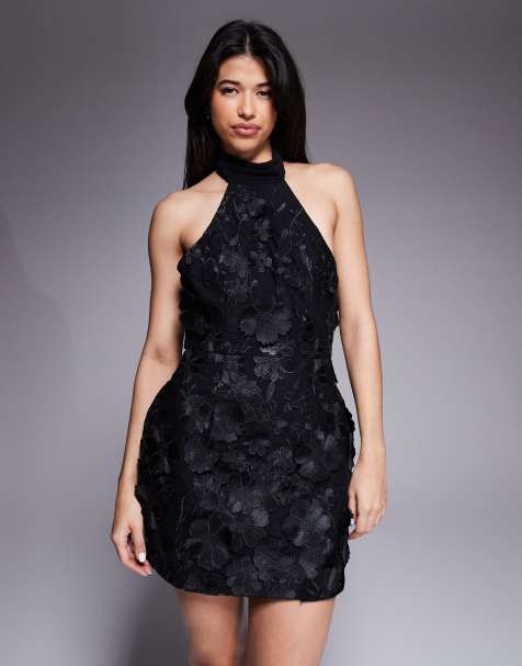 Vestido corto negro con diseño floral tridimensional y cuello halter de encaje Carmen de Jarlo - view 1