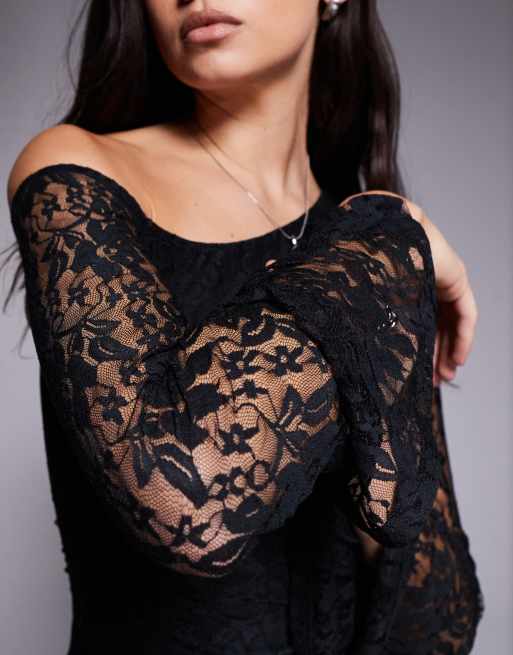 Vestido corto negro con escote Bardot de encaje de ASOS DESIGN, 3 de 4