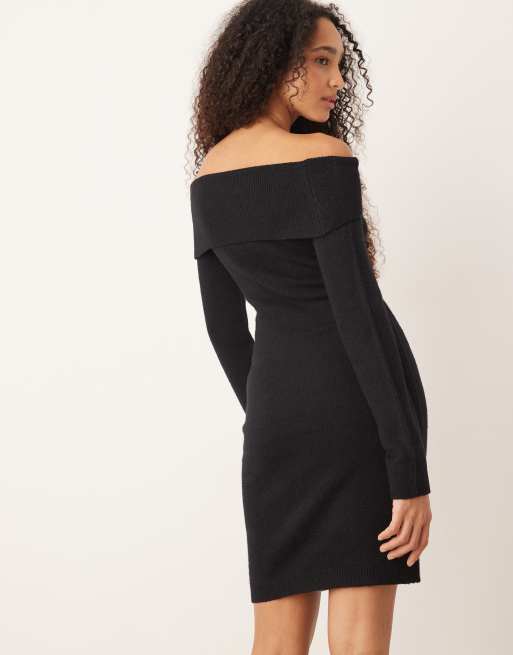 Vestido corto negro con escote Bardot de punto de VILA, 3 de 4