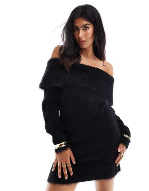 Vestido corto negro con escote Bardot de tejido mullido de Cotton On - view 1