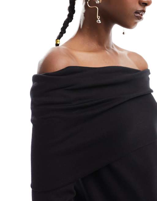 Vestido corto negro con escote Bardot fruncido de punto de Monki, 3 de 4