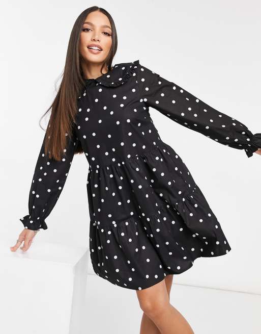 Vestido corto negro con estampado lunares cuello volantes de popelina New Look Tall | ASOS