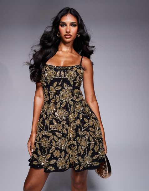 Vestido corto negro con falda estructurada y patrón floral con adornos de ASOS LUXE - view 1