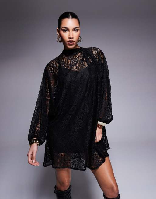 Vestido corto negro con lazada en el cuello y mangas estilo blusón de encaje de ASOS DESIGN, 2 de 4