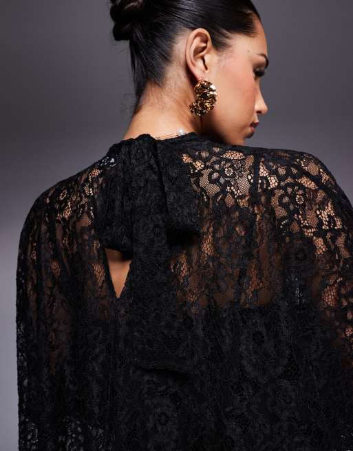 Vestido corto negro con lazada en el cuello y mangas estilo blusón de encaje de ASOS DESIGN, 3 de 4