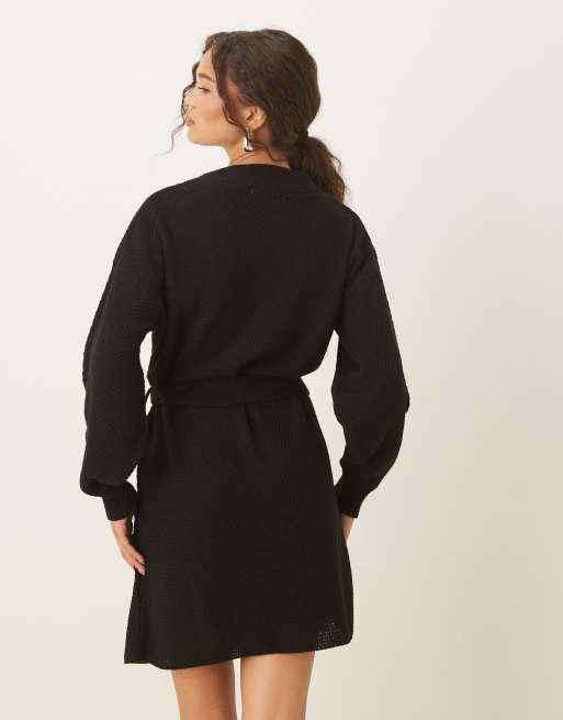 Vestido corto negro con lazada en la cintura de canalé de Glamorous, 4 de 4