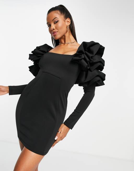 Vestido corto negro con mangas abullonadas estilo origami de ASOS DESIGN