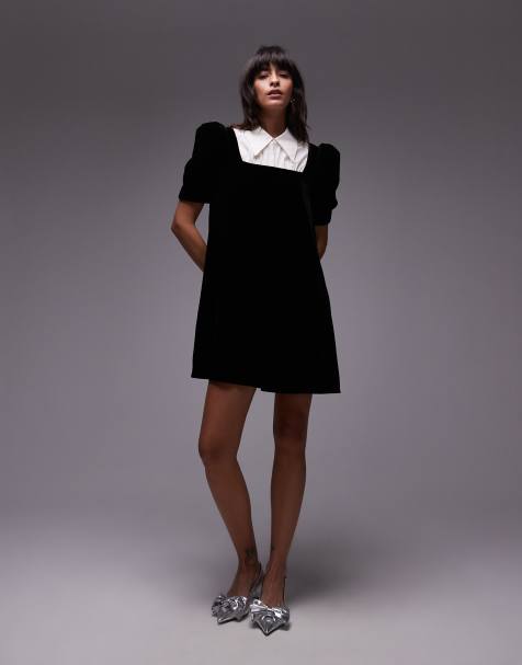 Vestido corto negro con mangas abullonadas y detalle de solapas de terciopelo de & Other Stories - view 1