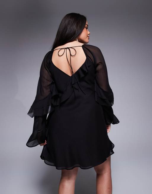 Vestido corto negro con mangas acampanadas con volantes de ASOS DESIGN Curve , 3 de 4