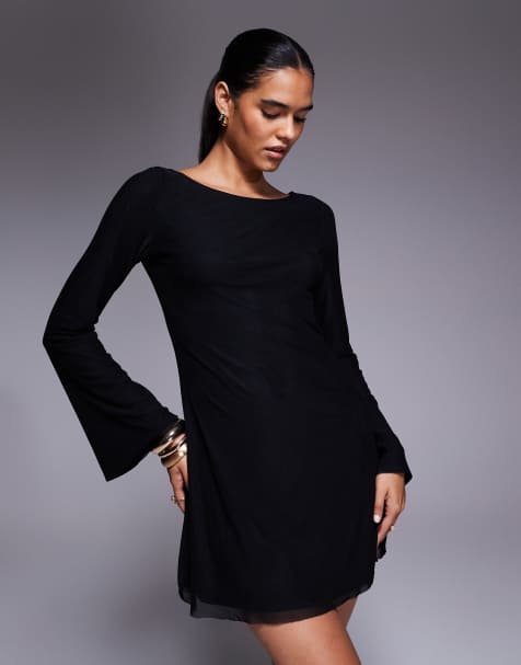 Vestido corto negro con mangas acampanadas y espalda escotada de malla Lukea de Princess Polly - view 1