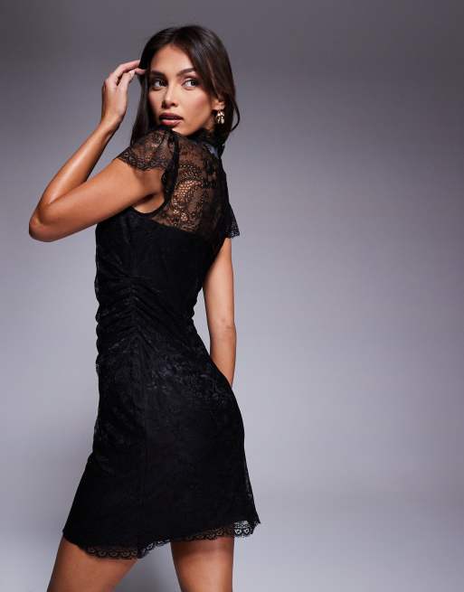Encaje Vestido Negro Corto Cuello Alto Vestido Corto Negro Con