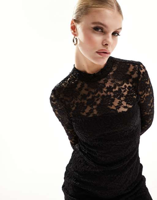 Vestido corto negro con parte superior de encaje transparente de New Look, 3 de 4