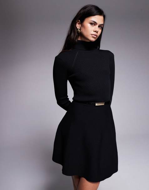 Vestido corto negro con vuelto y cinturón de punto de River Island - view 1