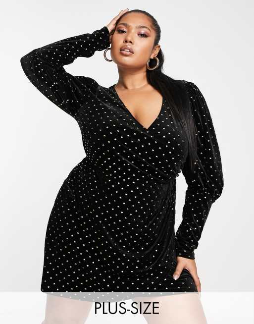 Vestido corto negro cruzado de manga larga con estampado de terciopelo de Saint Genies Plus