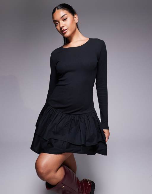 Vestido corto negro de canalé con falda de tejido liso de ASOS DESIGN, 2 de 4
