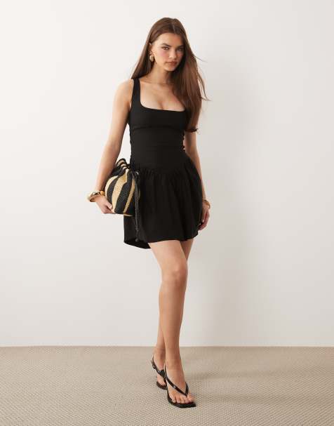 Vestido corto negro de corte skater con escote cuadrado de bengalina de Vesper - view 1