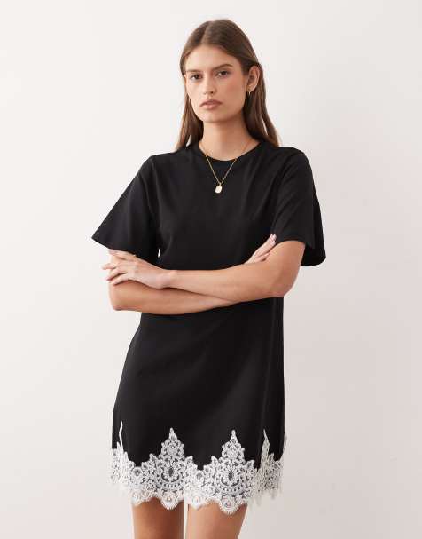 Vestido corto negro de manga corta con ribete de encaje en el bajo de ASOS DESIGN - view 1