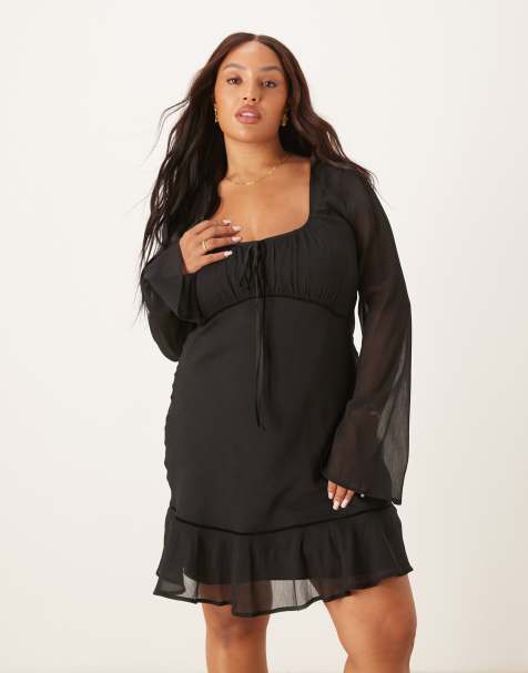 Vestido corto negro de manga larga con cuello ancho fruncido de ASOS DESIGN Curve - view 1